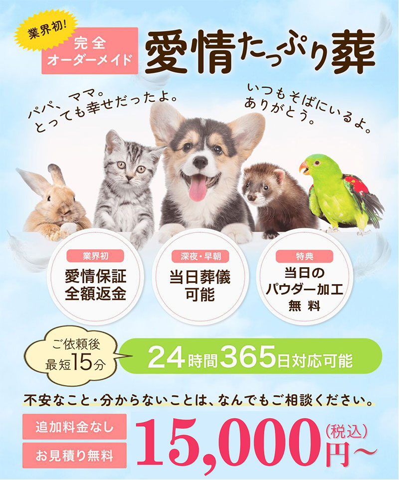 ペット火葬・葬儀の「ペットの空」では24時間、365日対応可能です。当日の葬儀も可能、当日のパウダー加工も無料で行っております。不安なことや分からないことは何でもご相談ください。