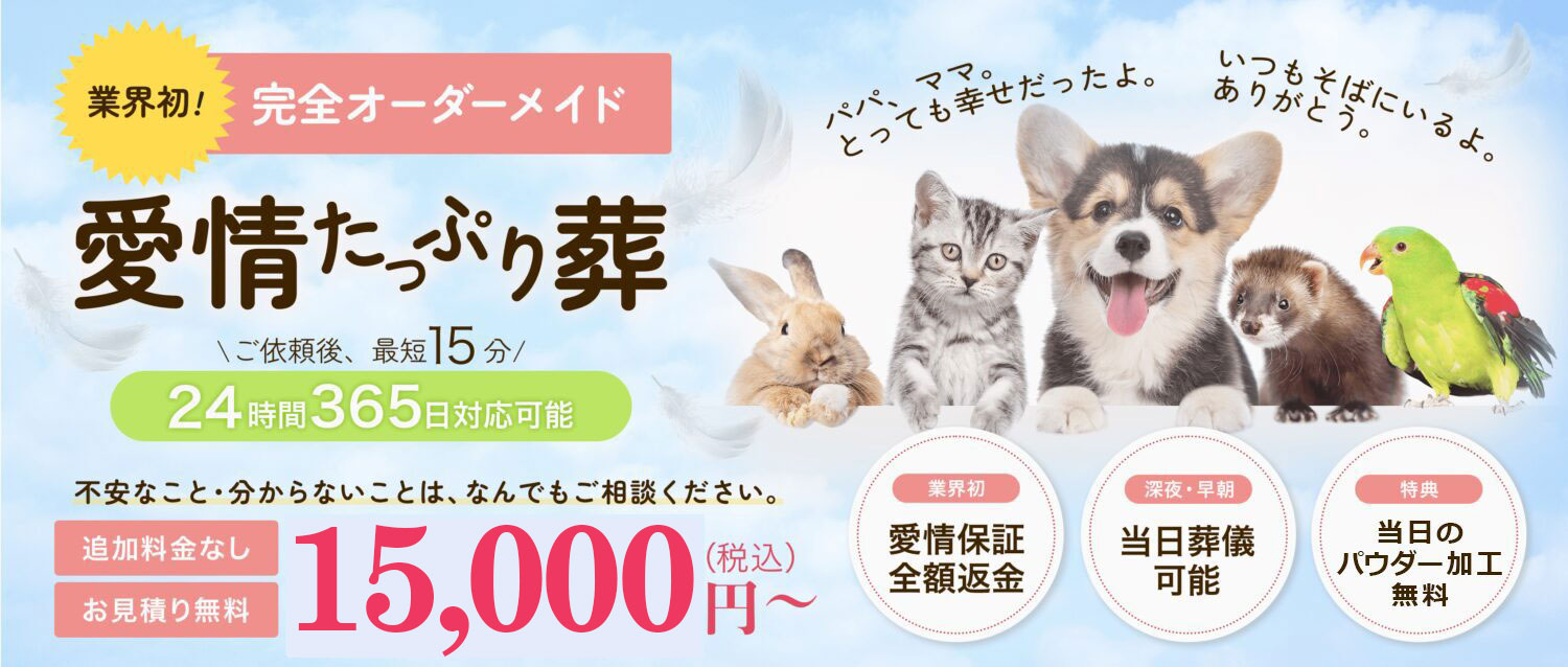 ペット火葬・葬儀の「ペットの空」では24時間、365日対応可能です。当日の葬儀も可能、当日のパウダー加工も無料で行っております。不安なことや分からないことは何でもご相談ください。